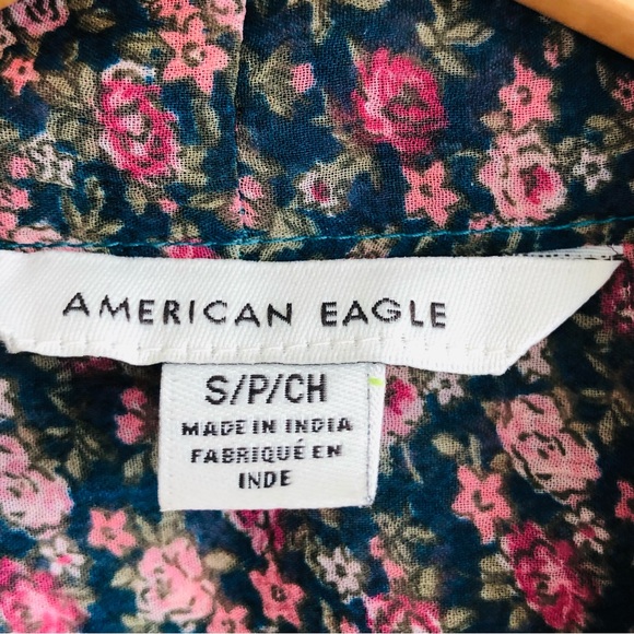 American Eagle Floral Tie Front Floral Button Dwn Blouse Smocked Waist Top Sz S - Picture 4 of 14